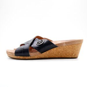 UGG Lyra Black Leather Lightweight 2" Cork Wedge Heel Sandals - 9